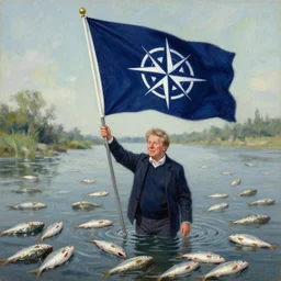 donald tusk waving a flag in a river of dead fish. flag has dark blue field charged with a white compass rose emblem, with four white lines radiating from the four cardinal directions, oil painting, sprite, sketch by ozamu tesuka