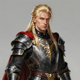 A medium shot portrait of an androgynous pale blond prince, he is about 46 years old, attractive, broad shouldered and muscular, serious composure, long blond hair with side braids, prideful look, he is wearing black heavy armor with gold plating and a red cape, highly detailed portrait, digital painting, ArtStation, concept art, smooth, sharp focus illustration, ArtStation HQ