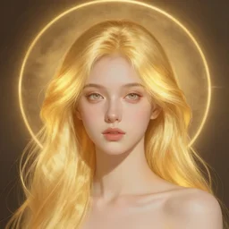 Woman masterpiece, glowing hair, golden halo behind her head, by Edgar Maxence and Ross Tran, Zdzisław Beksiński, and Michael Whelan, distant, gustav dore, H.R. Giger, 8k, octane render
