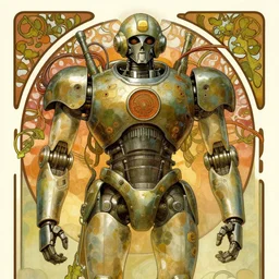 upper half portrait of army mecha robot - wires and vines as poster design borders, art by alphonse mucha, highly detailed, digital painting, concept art, illustration, smooth sharp focus, intricate, symmetry, artstation, colourful,