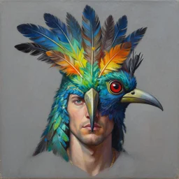 A detailed matte oil on canvas head on symmetrical portrait of a man with the head of a quetzal wearing quetzal feathers by Charlie bowater, Lise Deharme, Wlop, trending on artstationhd,  dungeons and dragons art, critical role