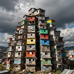 close - up towers made up of colourful makeshift squatter shacks, bleached colours, dramatic cloudy sky, dystopia, mamiya, very detailed, ultra sharp, photographed by john chiara