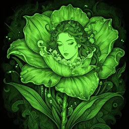 woman, magical, flower, bright castleton green, detailed intricate ink illustration, dark atmosphere, detailed illustration, hd, 4k, digital art, overdetailed art, concept art, by greg rutkowski, by loish, complementing colors, Trending on artstation, deviantart