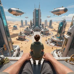 First person point of view shot showing the arms of a young man resting on his knees as he crouches on the ledge of a tall building peering at an advanced high tech Sci fi bustling steampunk city with flying air ships over it and tall glass buildings located in a sand desert, bright sunny day blue sky, digital painting, artstation, matte painting, highly detailed, intricate, concept art, game art, octane render, 8k, unreal engine