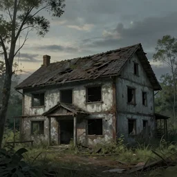 a beautiful very detailed rendering of architecture cottage unfinished building abandoned building industrial architecture urbex by thomas kinkade, wilderness tokyo matte painting at dusk evil, archdaily, wallpaper, highly detailed, trending on artstation.