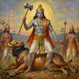 a painting of bhima holding a mace and standing over slain duryodhana, mahabharat, an oil on canvas painting by raja ravi verma and ram chandra shukla, artstation, samikshavad, detailed painting, epic, oil on canvas h - 7 6 8