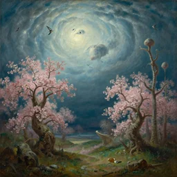 landscape of an alien world with zorblat blossoms and nix - nix birds by martin johnson heade. oil on canvas.