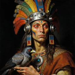 a baroque close - up portrait of a fantasy alien cyborg shaman god wearing facepaint and a colorful futuristic aztec visor with metallic technology, holding a bird. black background. studio lighting. highly detailed science fiction fantasy painting by norman rockwell, moebius, frank frazetta, syd mead, and sandro botticelli. high contrast. renaissance masterpiece. artstation.
