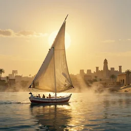 A highly detailed 4K fantasy matte painting of a felucca sailing toward the sun on a raft along the ancient River Nile, in ancient Egypt during the golden hour in summer, city in background, volumetric sun rays and dust, water reflection, Thomas Kinkade, Greg Rutkowski, ArtStation, CGSociety, Unreal Engine