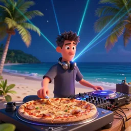 a dj on a tropical beach, pizza on the turntable, laser show, night sky, 3 d render, extremely high resolution, octane render, trending on artstation, pixar