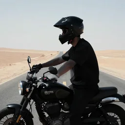 portrait photo of young man posing with a black modular helmet and a motorcycle on a desert road, wearing a black modular helmet, silhouette of mountains in background, sunset, golden hour, cinematic, octane, 4 k, 8 k, art gallery masterpiece by rainer schlegelmilch and louis klemantaski and james moy
