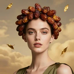 close - up portrait of beautiful female face supermodel portrait wearing olive dress and crown made of brown dates fruit and golden tea leaves flying in sky by amy leibowitz, wlop, jeremy lipkin, beeple, intricate, artgerm, ilya kuvshinov, golden clouds background
