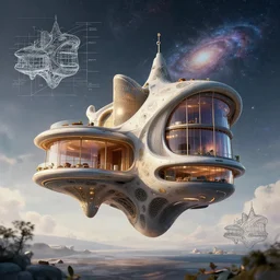 architect concept of flying house in galaxy, futuristic architect, modern architect, antoni gaudi, shiger ban, mock up design, illustration, detail breakdown, detail, hyper realistic, realistic, cinematic lighting, deep focus, ultra realistic, 8 k, uhd, sketch up, golden ratio, jodorowski
