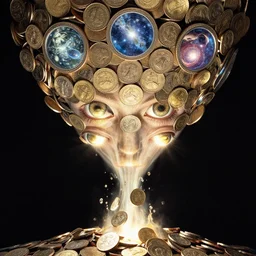 astral _ head _ spit _ open _ at _ bottom _ spilling _ out _ coins _ out _ top. _ each coin side is a window to different universes by _ yvonne _ mcgillivray _ by _ mandy _ jurgens _ by _ michael _ divine _ god _ powerful _ eyesglow.