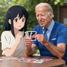 photorealistic Joe Biden playing uno with a beautiful smiling anime girl with black hair outside, anime key visual, digital art, anime screenshot, kyoto animation, makoto shinkai, trending on artstation