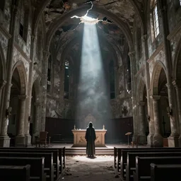 a cinematic photograph of an abandoned church interior and a strong beam of light shining in through a crack on the ceiling, a mysterious person stands on the alter, ultra realistic, 8 k, movie still
