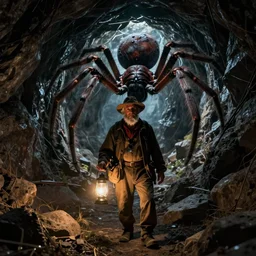 an old - fashioned explorer with a lamp, in a dark tunnel with a monstrous spider behind him, in the style of gerald brom, dramatic lighting, low angle, wide angle, fantasy art, highly detailed digital art