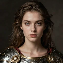 close - up portrait of beautiful model dressed gladiator with metallic armor, art by caravaggio