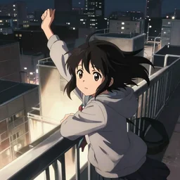 anime visual, portrait of a young black haired girl wearing hoodie sightseeing above the urban city, school rooftop guardrail, cute face by yoh yoshinari, katsura masakazu, dramatic lighting, dynamic pose, dynamic perspective, strong silhouette, ilya kuvshinov, anime cels, 1 8 mm lens, rounded eyes, moody, detailed