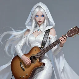 A beautiful mysterious girl with hooded cobalt-blue eyes and silky white hair, guitar shape build, her wardrobe is attractive, full body, fantasy art, in the style of Fernando Juarez, illustration, epic art, fantasy, intricate, elgant, amazing detail, digital painting, artstation, concept art, smooth, sharp focus