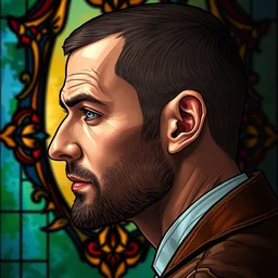 beautiful and detailed portrait of gaunter o'dimm, master mirror, profile view, side view, middle eastern man, 5 0 years old, brown coat, short buzzcut, short stubble, stained glass art, by alphone mucha, very masterful