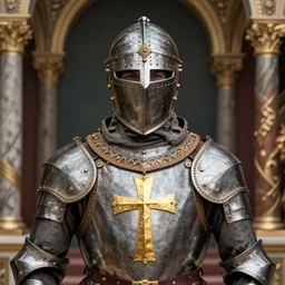 man in decorated medieval baroque style armor and helmet and big golden cross on his chest rennaisance art style high resolution high detail 4k
