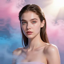 3 d, pink and blue smoke, sun rays, confident fashion model gree eyes, sweat skin, glare, liquid black metal, yellow flowers, poster art, high detail, intricate oil painting, multiple exposure, white mood, hyperrealism, vogue cover style, 3 d, by tooth wu and wlop and beeple and greg rutkowski