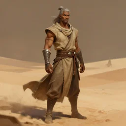 Full body Picture of a male Geomancer, desert inspired, dark brown skin, light grey hair, waist reaching ponytail, Light brown attire, robes, battle, detailed face features, dark brown eyes, D&D, by artgerm and Craig Mullins, James Jean, Andrey Ryabovichev, Mark Simonetti and Peter Morbacher, matte painting, trending on artstation, artstationHD, artstationHQ, octane, full HD, 16K, alluring