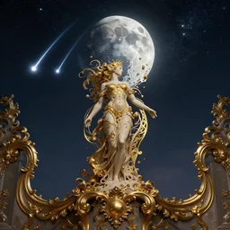 sky in a starry night with glowing meteor showers, ascension of a woman decomposing and dissolving into moon, dark - blue black gold beige saturated, ornate baroque rococo art nouveau intricate detail, 3 d specular lighting, cinematic, blur