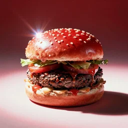 vintage analog product photography of a leather hamburger, 70s design, bright red, studio lighting, film grain, lensflare, color bleed, glare