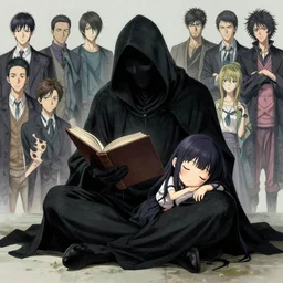 cell shaded, realistic grimm reaper reading a book, sitting next to a cute sleeping anime girl, wlop, ilya kuvshinov, artgerm, krenz cushart, greg rutkowski, hiroaki samura, range murata, james jean, katsuhiro otomo, erik jones