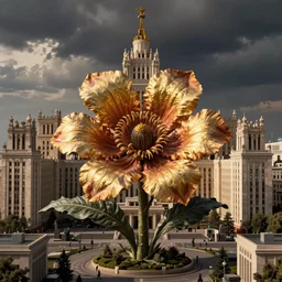 colossal Beelzebub flower in the middle of post soviet constructivist cityscape, Stalinist architecture, brutalist architecture, ultradetailed, Intricate by James Jean and H.R. Giger