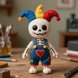 an adorable simple ball jointed skeleton doll lovingly crafted by hand on a toy workbench, contains themes of puerto rican culture especially the vejigante, wearing little hand stitched festive overalls with love in every stitch, worms eye view, macro camera lens, cinematic, focus