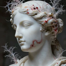 photorealistic white marble greek goddess face profile sculpture, flesh shows at some parts under the broken marble, swirling liquified meat and red kintsugi, symbolist, visionary, etheric, entwined with iridiscent fractal lace, alien botanicals, cinematic composition, cinematic lighting,