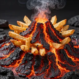 highly detailed poutine from mount doom, lava texture, fire texture, volcano texture, smoke texture, char texture