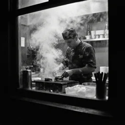 a black silhouette grainy analog black and white old photo of a chef in a small smokey bar in san francisco grilling burgers taken through the window