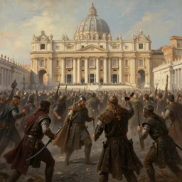 A horde of vikings raiding the Vatican State, fantasy painting, Artstation, by Steve Argyle by Tyler Jacobson by Peter Mohrbacher, cinematic lighting