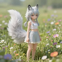 A beautiful and detailed art of a young girl with large white-tipped wolf tail and wolf ears, standing in the middle of a field of flowers, 4K UHD, wallpaper, trending on artstation and behance and pixiv