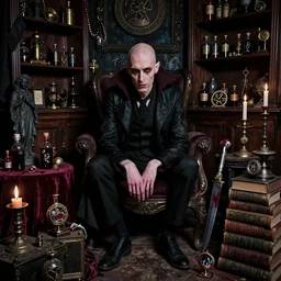 night portrait f / 1. 4 of a neurotic forty two year old british man thin features vampire feeling confidant in a cluttered dark room full of ancient dusty artifacts ( ( ( bald ) ) ) tables vials of blood dark statues runes shelves magical instruments drapery arcane tools jewels graffiti candlesticks ritual bloody knife books atmospheric hdr vivid color