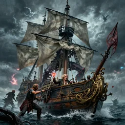 hyper realistic sam l. swinesby battles the entity on a pirate ship in late 1 3 0 7 amidst the great storm of panellip while swinesby's men get possessed by the spell of crepula, gorgeous lighting, highly detailed, by zdzisław beksinski and norman rockwell and greg rutkowskiweta studio, and lucasfilm