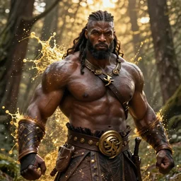 portrait, a beautiful dark skinned dungeons and dragons barbarian, in the forest, dramatic lighting, strong broad robust figure, by donato giancola and greg staples, smooth, intricate, highly detailed, golden hour, splash art, high fantasy