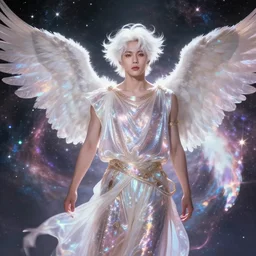 portrait harmony of white haired angel beautiful yoongi wearing sparkly shiny greek clothes, muted colors, nebula background, neon sparkles everywhere, big wings, dynamic hair movement, + + + + dynamic pose, holographic space, glowing effect, j. c leyendecker, by alan lee, wlop! illustrated by starember, fantasy art by craig mullins