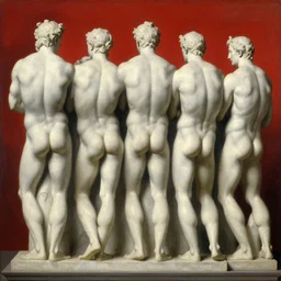 a beautiful painting of detailed white stone male statures's back lined up, oil paint, classic art, 1 6 century style, volume light, in the style of beksinski, parts by edward hopper, parts by rodcenko, parts by yue minjun, diego velazquez, intricate and epic composition, red by caravaggio, insanely quality, highly detailed, masterpiece, red light, artstation, 4 k