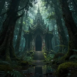 a deep florest, beautiful, with a creepy secret temple, artstation, volumetric light, high detail, reflections, perfect, concept art, hdr, 4 k