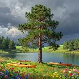 beautiful pine tree landscape, colorful flowers, a lake , three big kayaks, trees in the grassy hills, dramatic lighting, cinematic, establishing shot, extremly high detail, by Thomas Kinkade, concept art, artstation, matte painting