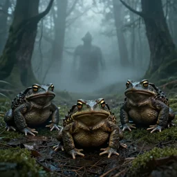 evil toads in the forest, foggy, atmospheric, highly detailed, hyperrealistic, gothic horror, gerald brom, tony sart, larry elmore, anato finnstark