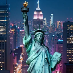 new york futuristic cyberpunk empire state building statue of liberty cyber neon cityscape view super realistic bladerunner