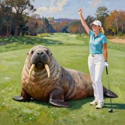 a painting of a walrus lying on a golf course, a blond golfer stands next to it, happy, kinkade, monet,