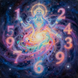 highly detailed 8k oil painting of the celestial glowing God of random numbers and infinity quasar, misty, epic composition, neon colors, trending
