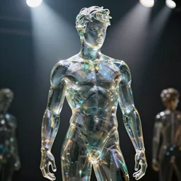 a statue of a beautiful young fit man made of transparent glass, by philippe starck and victoria hagan, cinematic lighting, sunrays from above, detailed digital photography by rutkovski and beksinski, masterpiece, gorgeous, 4 k
